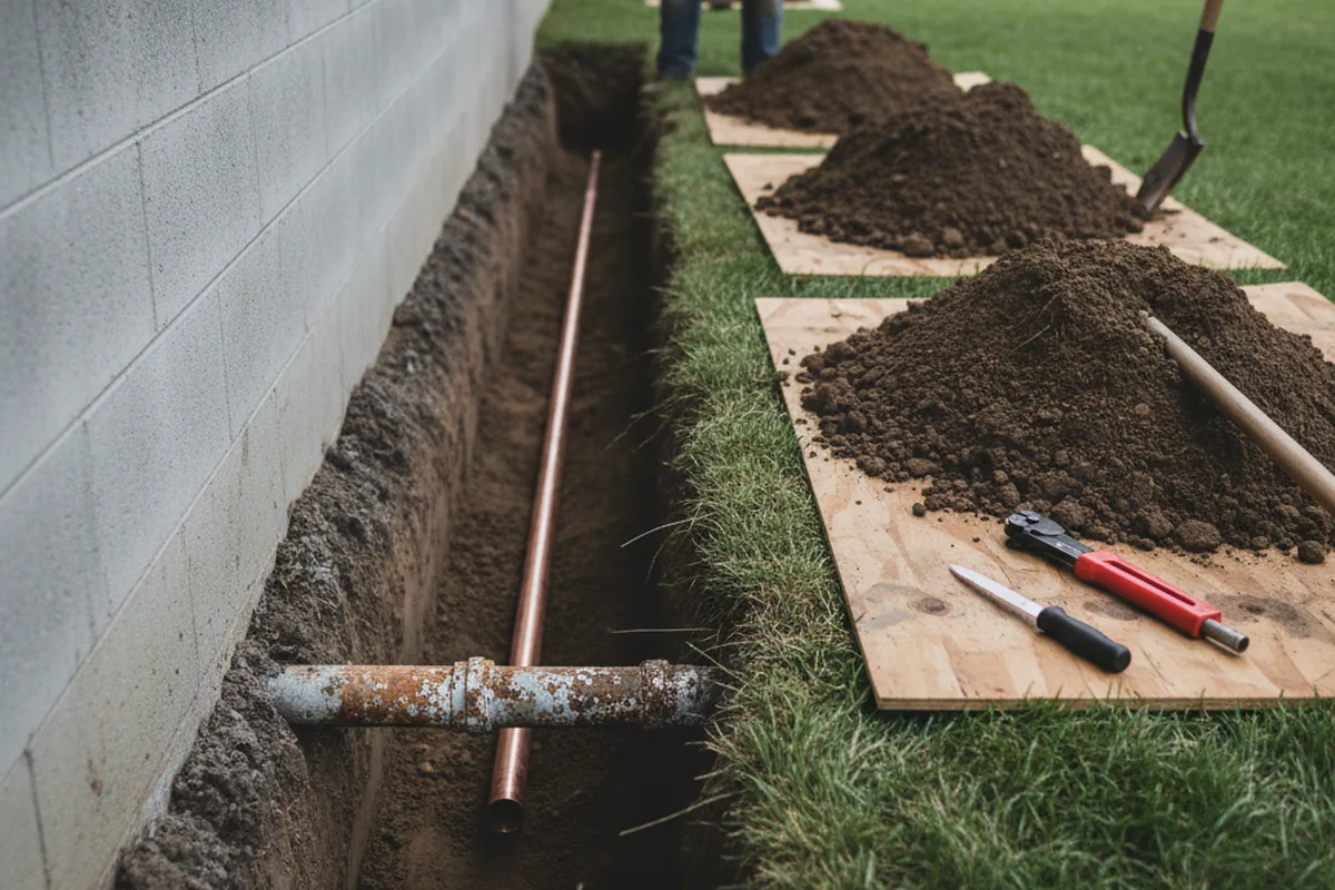 Excavated water line trench during Sewer Line Repair in Johnsburg